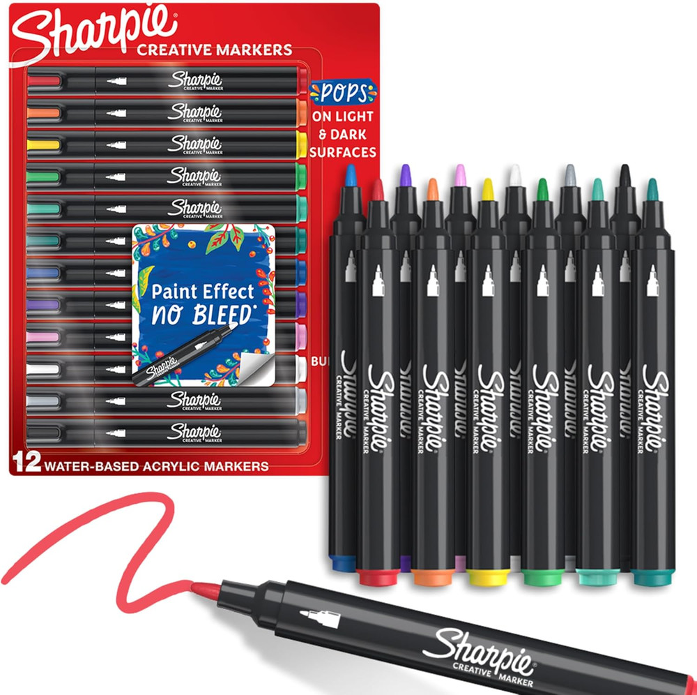 Sharpie Creative Markers, Water-Based Acrylic, Bullet Tip, Assorted Colors, 12 C