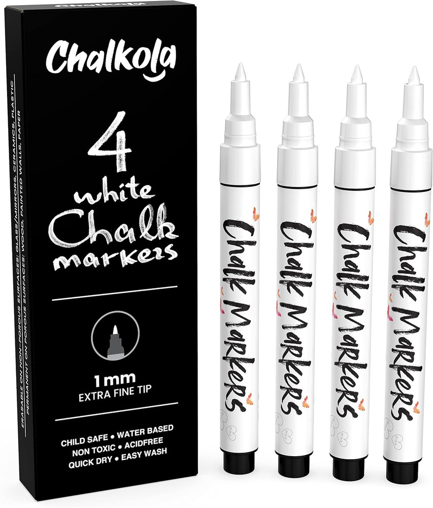 Extra Fine Tip White Chalk Markers (4 Pack 1Mm Point) Chalk Pens – White Dry Era
