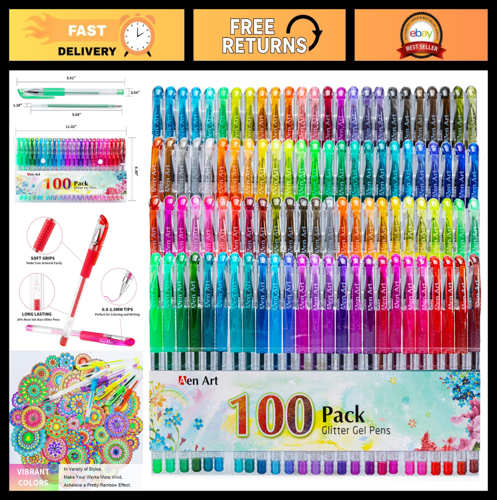 100 Color Glitter Gel Pen Set – Neon Ink for Card Making, Adult Coloring & Craft