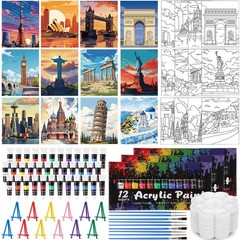 108 Pcs 12 Set Landmarks Sip and Paint Kit for Adults 8”x10” Pre Drawn Canv…