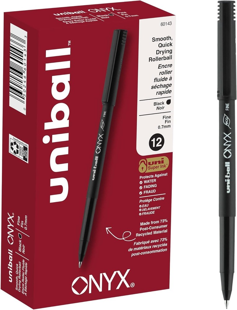 uniball Onyx Roller Ball Pen, Stick, Fine 0.7 Mm, 12 Count (Pack of 1), Black