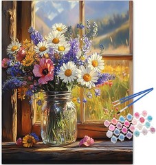 Flowers Paint by Numbers Kit for Adults,Flower Bouquet on a Sunlit Windowsill Pa