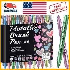 24 Metallic Acrylic Paint Markers – Paint Pens for Drawing, Brush + Fine Tips –