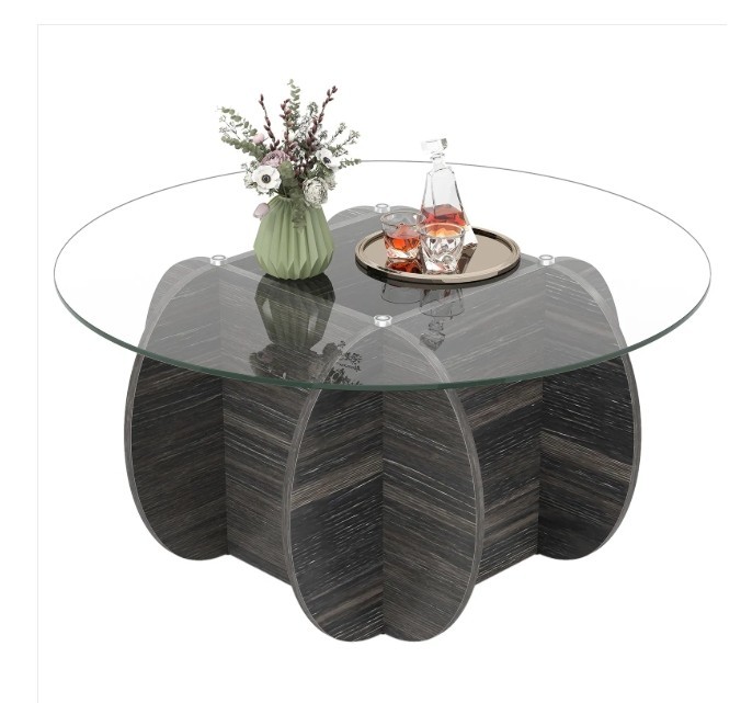 35″ Round Coffee Table Unique Circle Center Table with Tempered Glass Top and So