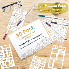 30 Pack Metallic Marker Pens, 24 Colors Fine Tip Paint Pens with 6 Stencils for