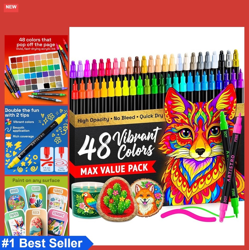 Acrylic Paint Markers 48 Count Dual Tip Fine Dot Pens for Fabric Rock Glass