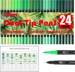 Green Double Tip Brush Pens Art Markers,24 Colored Artist Fine Brush Pen Colo…