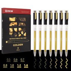 ZSCM Retractable Gold Gel Pen, 7 Nib Sizes – 1 Count (Pack of 7), 7