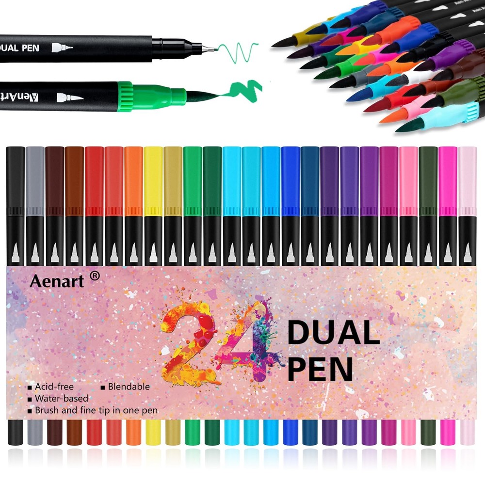 Dual Brush Markers for Adult Coloring Books, 24 Colored Fine Point Marker Pen…