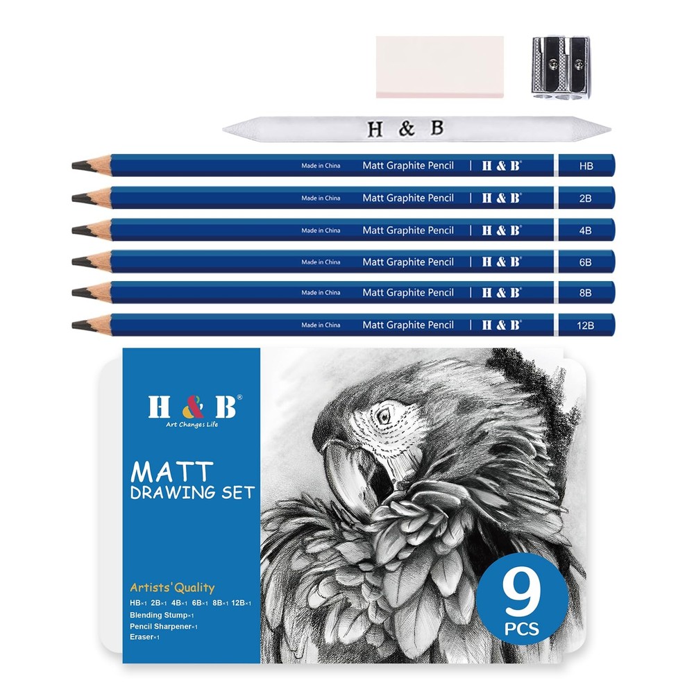 9 PCS Professional Matte Sketch Pencil Drawing Shading Art Supply Tool Kit