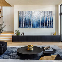 Extra Large Birch Forest Canvas Art – Blue & White Nature Wall Decor 29″x57