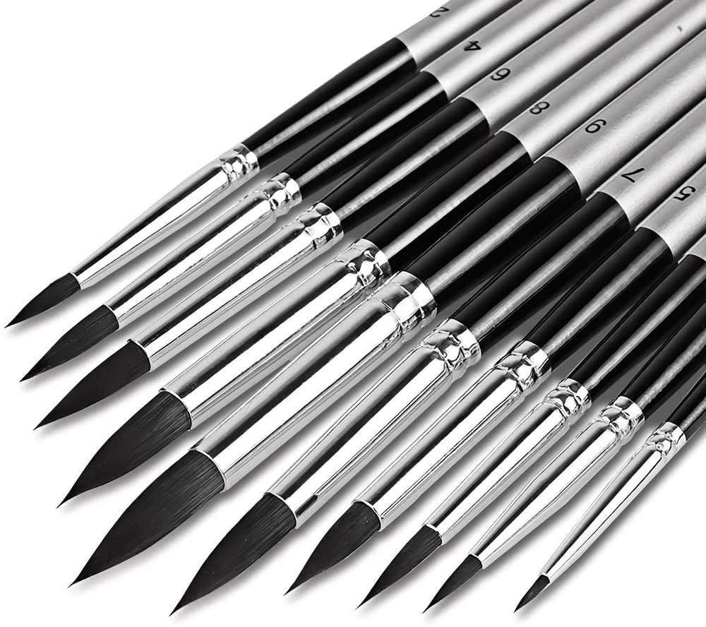10pcs Watercolor Detail Paint Brushes Synthetic Goat Hair Round Pointed Tip S…