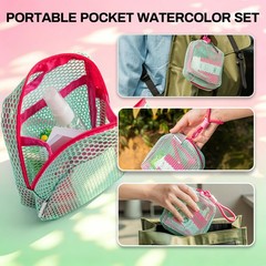 Mini Watercolor Paint Set Portable Kit 12 Colors Pocket Mesh Bag Sketchbook