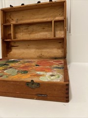 VTG Wooden Hinged Artist Painters Box with Dovetail Design Wood Briefcase Travel