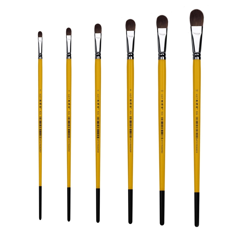 XDT#826 Filbert Art Brush 6Pc #2#4#6#8#10#12 Red Sable Acrylic Oil Watercolor