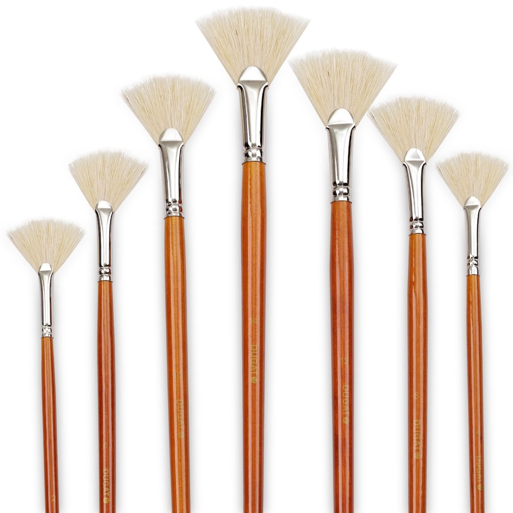 Set of 7 Natural Hog Hair Fan Brushes for Acrylic, Oil, Watercolor & Pottery Gla