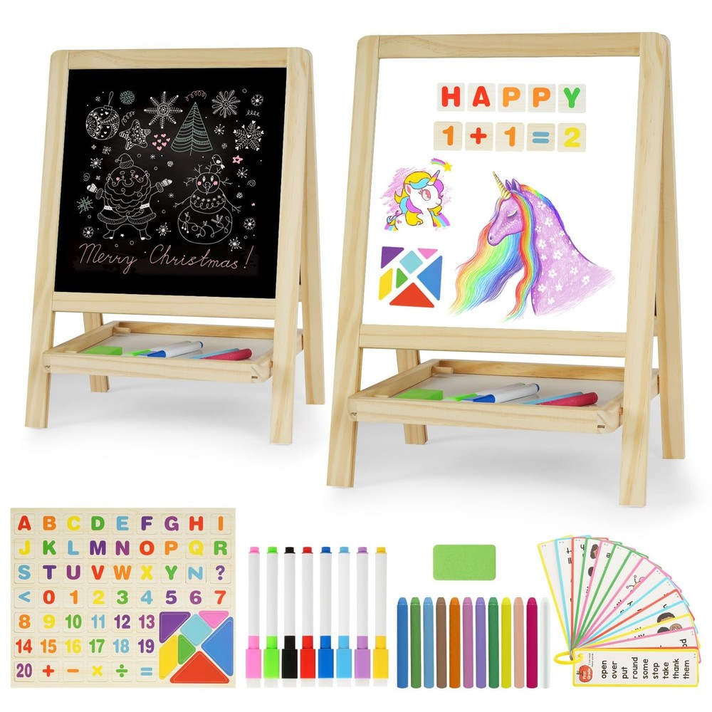 Kids Tabletop Double-Sided Wooden Art Easel – Chalkboard & Whiteboard Paintin…