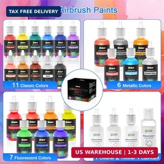 Airbrush Paint Water Based Acrylic 24 Colors with Thinner Lubricant Cleaner