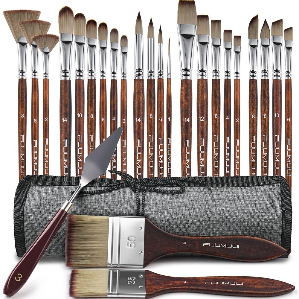 25pcs Paint Brush Set, Professional 9 Shapes with Wide Flat, Filbert, Fan, Da…