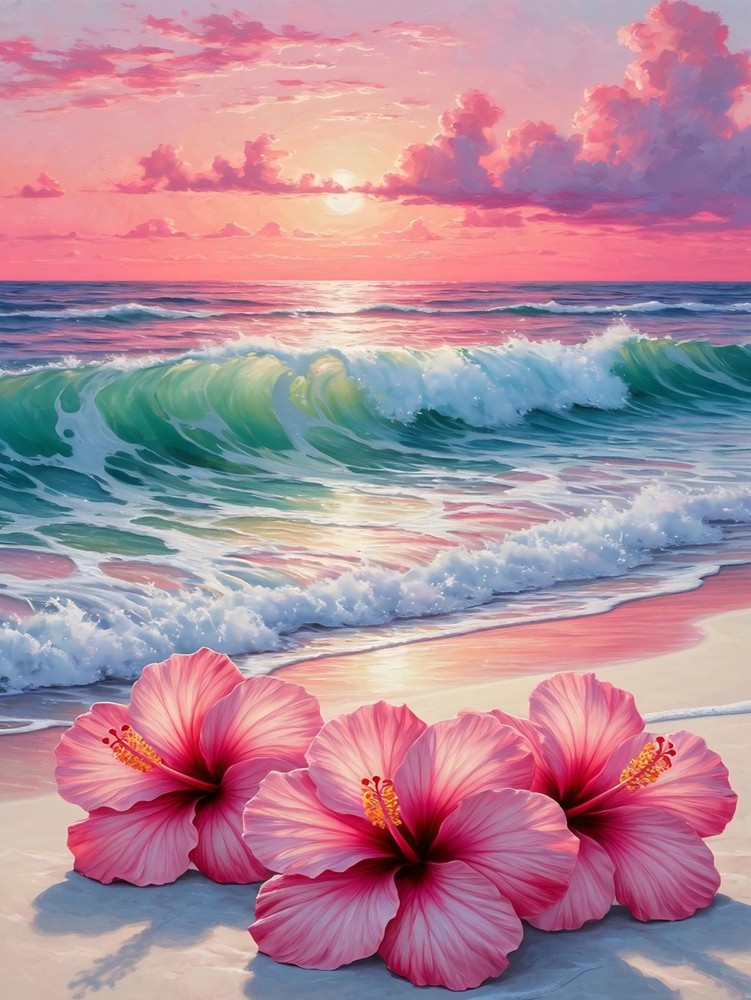 Flowers Diamond Art Beach Kits Beautiful Ocean Beach Flowers Full Drill Diy