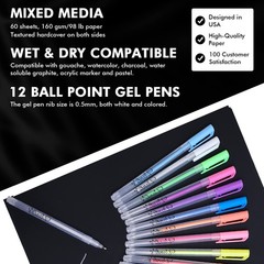 Hardcover Black Paper Sketchbook & 12 Pack Ball Point Gel Pens Set – 2 White …