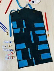 Art Paint Bag Tools Roll, Blue Black Leather Artist Craft Brush Pencil Supply