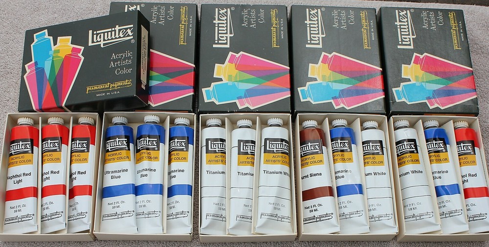 NOS Liquitex Acrylic Paint 2 Oz Tube Sets of 3 White Blue Red Brown Made in USA