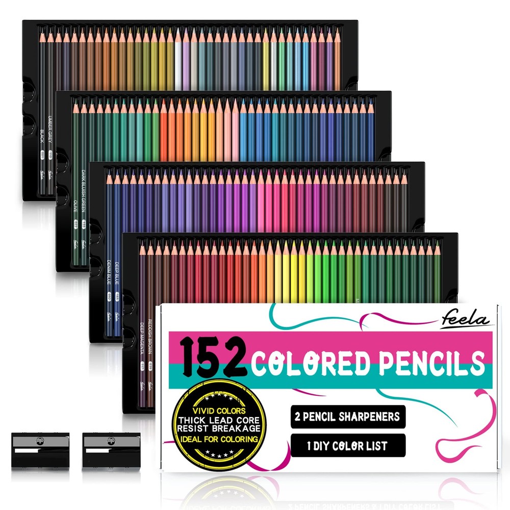 feela 152 Colored Pencils with Pencil Sharpener Premium 154 Piece Set, Multi