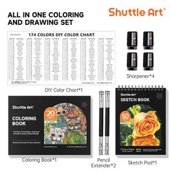 174 Colored Pencils Set with Sketch Pad, Coloring Book, Sharpeners, Extenders