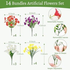 Artificial Flowers for Outdoors 14 Bundles Purple, Rose Red, White & Yellow