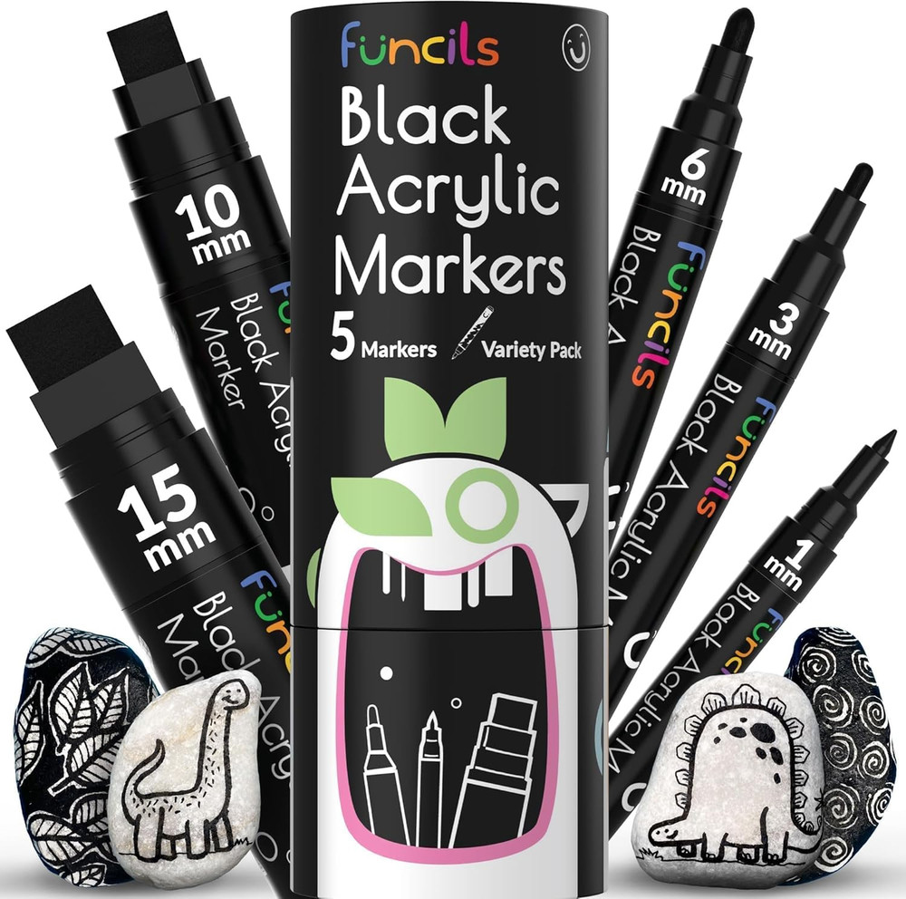 5 Acrylic Black Paint Pen – Fine Tip, Thin Point & Jumbo Pens (1Mm, 3Mm, 6Mm, 10