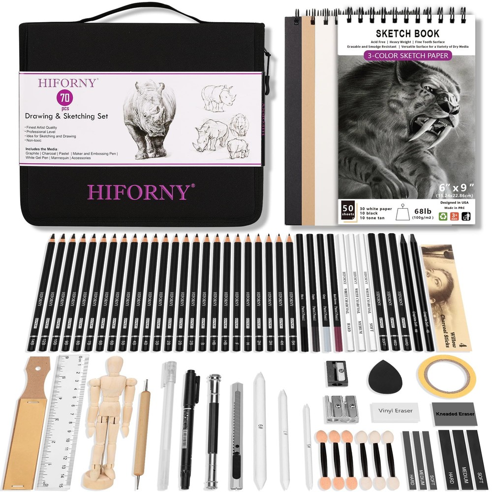 HIFORNY 70 PCS Drawing Set Sketching Kit,Sketch 1 Count (Pack of 70), Black