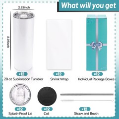 12 Pack Sublimation Tumblers 20 oz Bulk Blank Tumblers Skinny Straight Flat B…