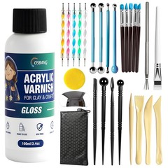 Dry Clay Glaze and Tools Kit, 100ml Gloss Clear Varnish with 29-Piece Clay Sc…