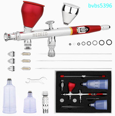 Dual-Action Gravity Feed Airbrush Kit w/ 0.2/0.3/0.5mm Nozzles, Red