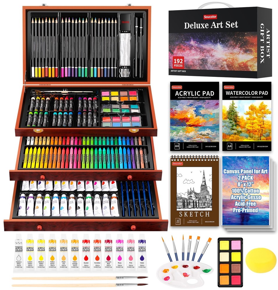 Soucolor Art Supplies, 192-Pack Deluxe Art Set Drawing Painting Supplies Kit wit
