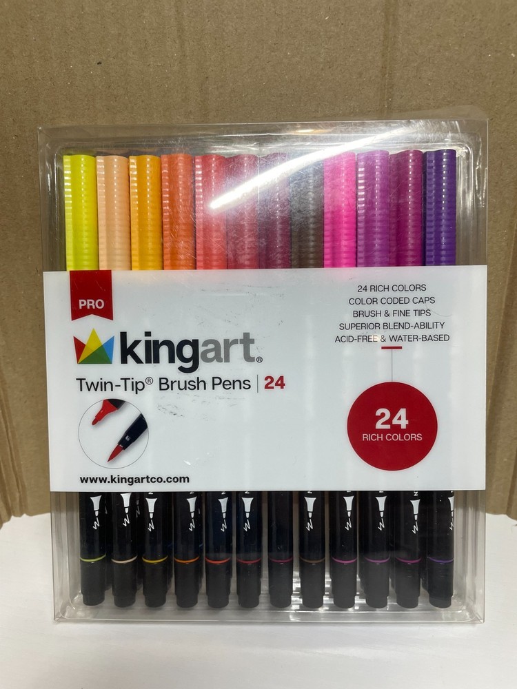Kingart Pro Twin Tip Brush Pens 24 Color Set Water Based Markers Open Box