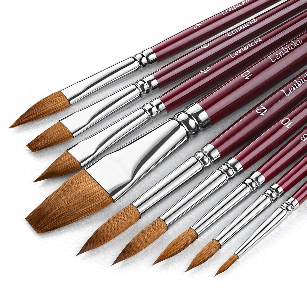 9 PCS Professional Sable Paint Brushes Set Watercolor Acrylic Artist Art