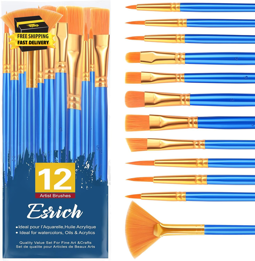 Paint Brushes Set,1Pack/12Pcs Nylon Hair Round-Pointed Tip Acrylic Paint Brushes