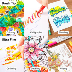 120 Colors Dual Tip Brush Marker Pens with 1 Coloring Book, Fineliner and Brush