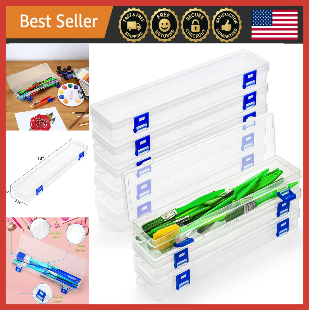8 Pack Paint Brush Holder Case, 13″ Translucent Art Storage Box with Lid