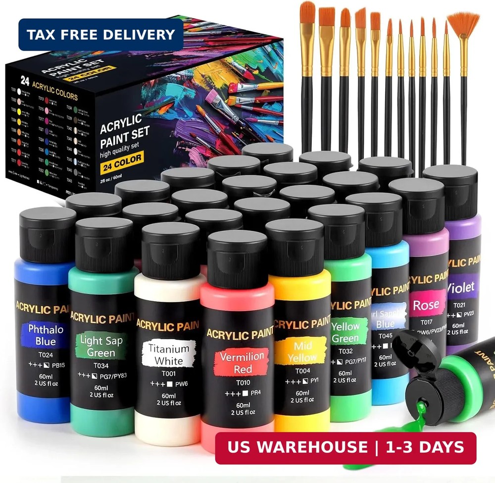 Acrylic Paint Set, 24 Colors (2 oz/Bottle) with 12 Art Brushes, Art Supplie