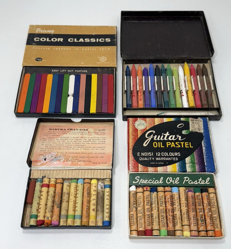 Vtg Oil Pastel Crayon Lot – Prang, Sakura Cray-Pas, Guitar Oil, Conte Contelor
