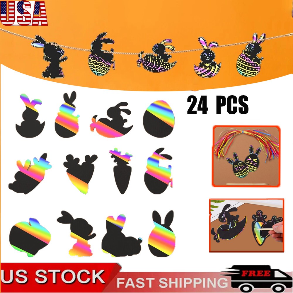 24 PCS Cartoon Bunny Scratch Paper for Easter Halloween Christmas Party