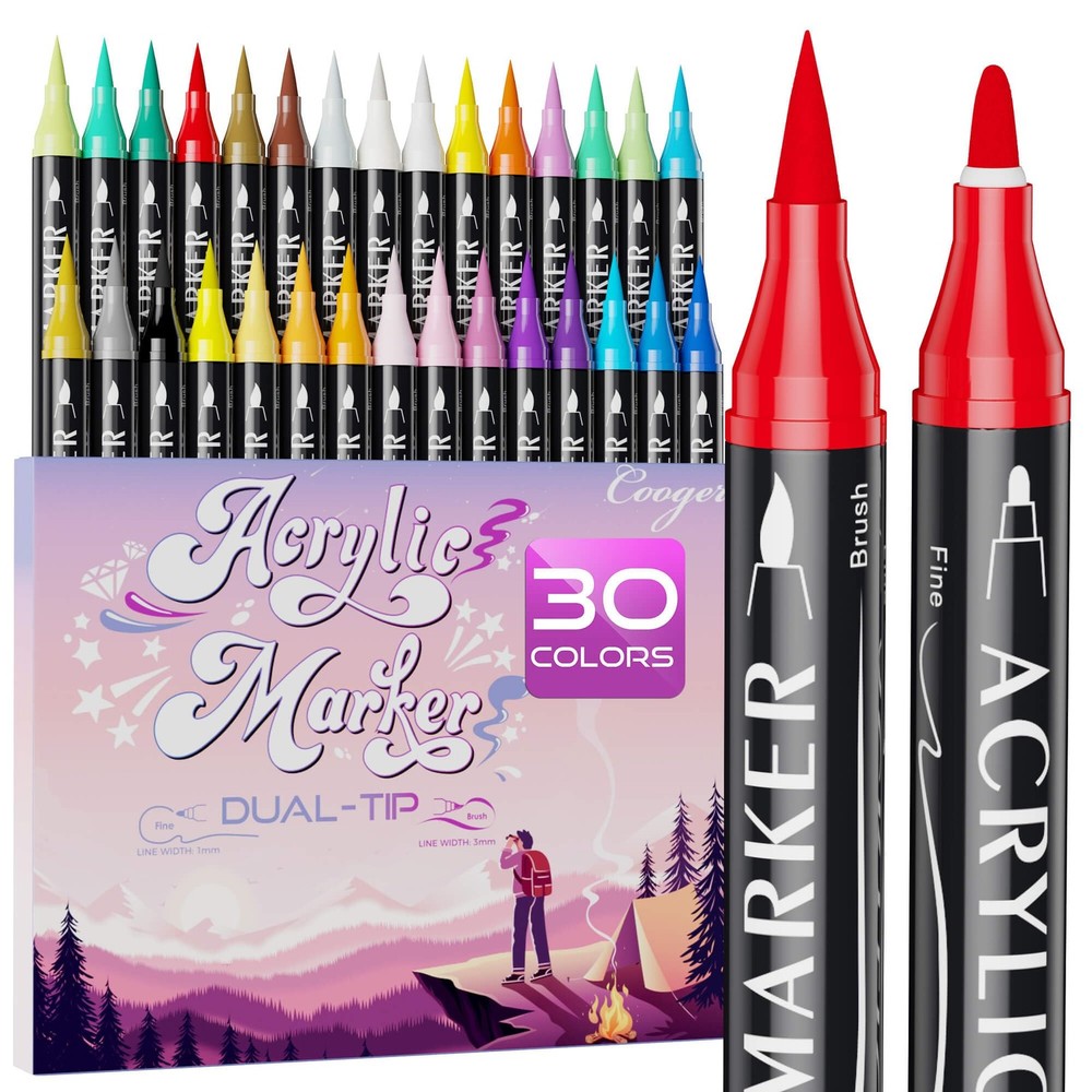 30 Color Dual Tip Acrylic Paint Pens Brush Fine Tip Acrylic Art Supplies