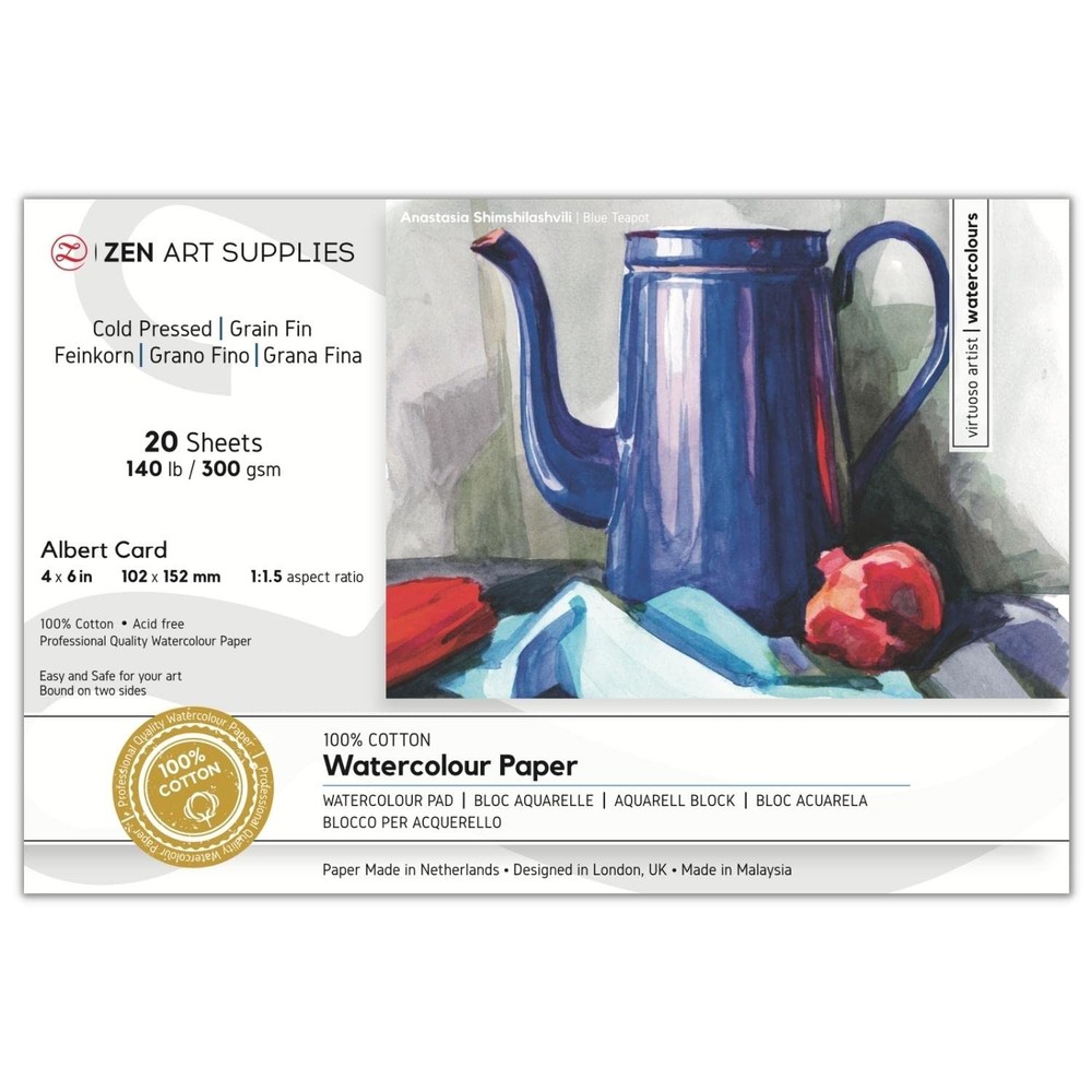 ZenART 20 Sheets 100% Cotton Watercolor Paper Block Cold Press 4×6 Inch Art