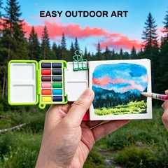 Mini Watercolor Paint Set Portable Kit 12 Colors Pocket Mesh Bag Sketchbook