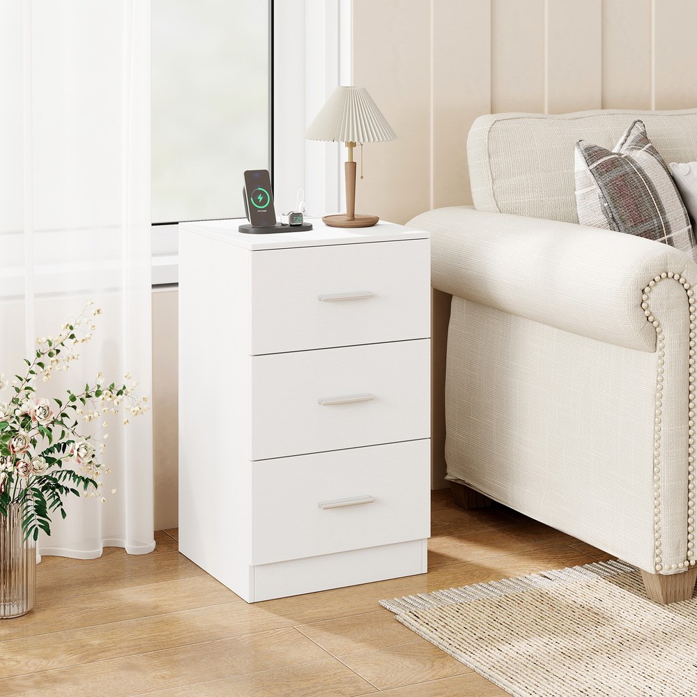Nightstand with Charging Station End Table with 3 Storage Drawers Bedside Tab…