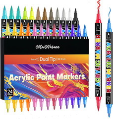 24 Colors Dual Tip Acrylic Paint Markers, Premium Acrylic Marker Paint Pens for