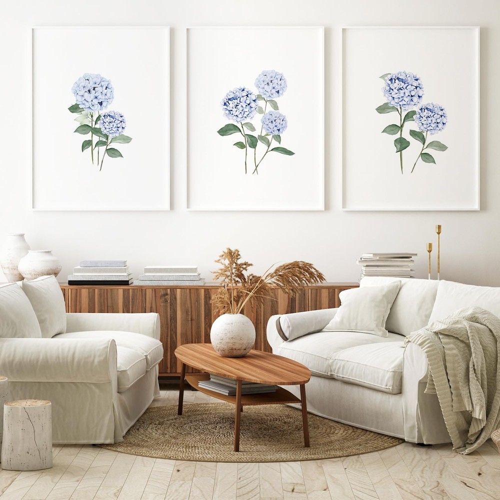 JarThenaAMCS 3Pcs Hydrangea Floral Canvas Wall Art Prints Watercolor Blue Flo…